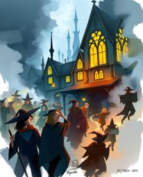 A captivating digital sketch transports viewers to a magical school bustling with young wizards. The grand, epic scene is ren