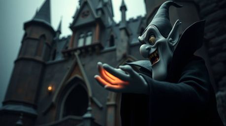 An extreme macro close-up showcases a classic Disney villain casting a spell within the ancient walls of an old castle. The
