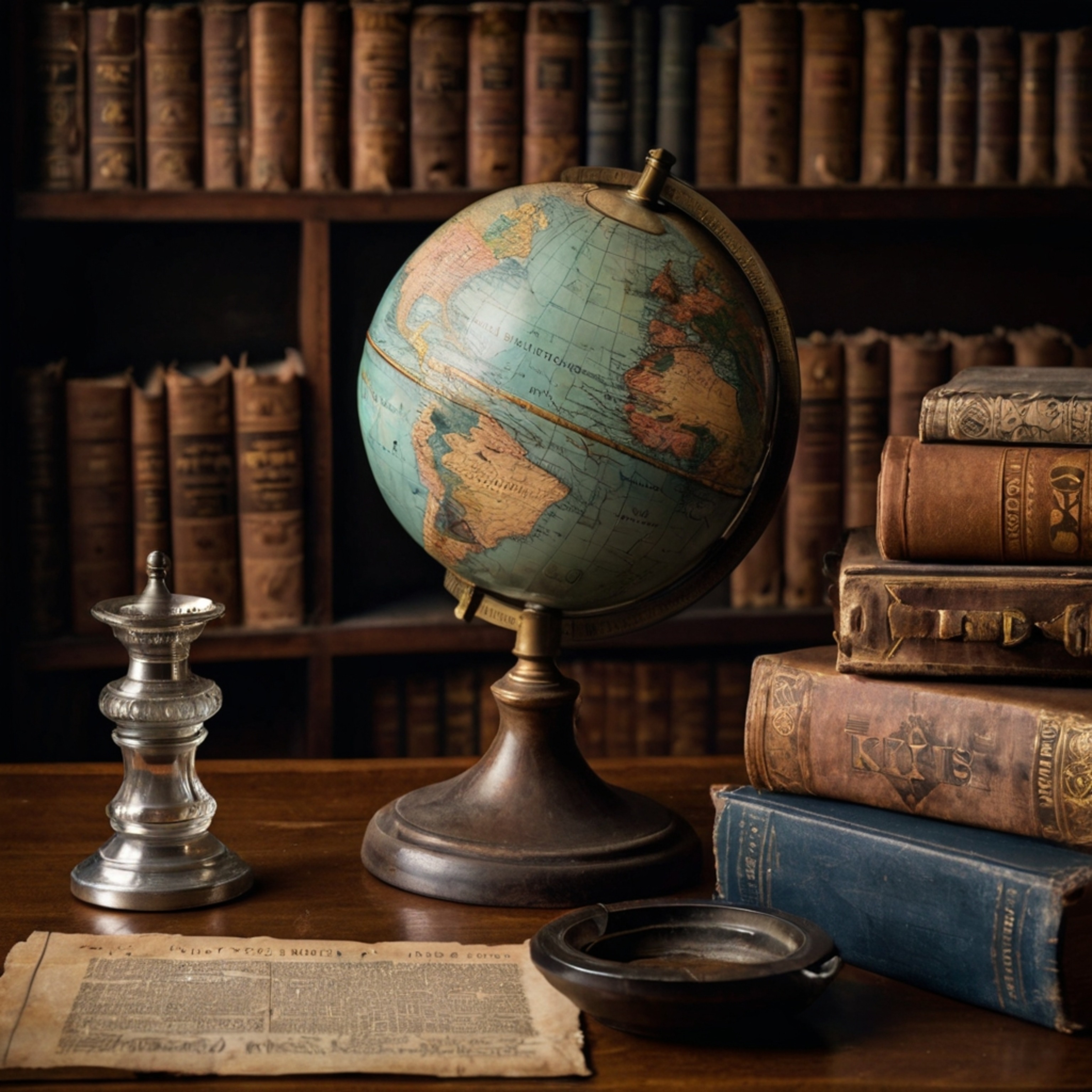A captivating vintage scene unfolds with a faded globe resting on a desk, surrounded by stacks of old books and a classic ink