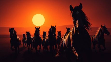 A captivating image depicting a herd of wild horses running under a vibrant, glowing sky.  Rendered in a modern flat design s