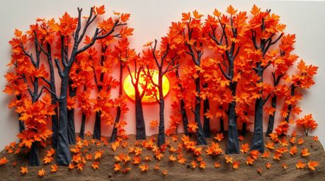 This stunning papier-mâché sculpture captures the essence of an autumn forest, where golden leaves are bathed in the warm glo