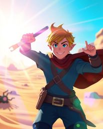 A brave hero embarks on a vibrant Disney-style desert adventure, filled with dazzling light streaks and cool color palettes o