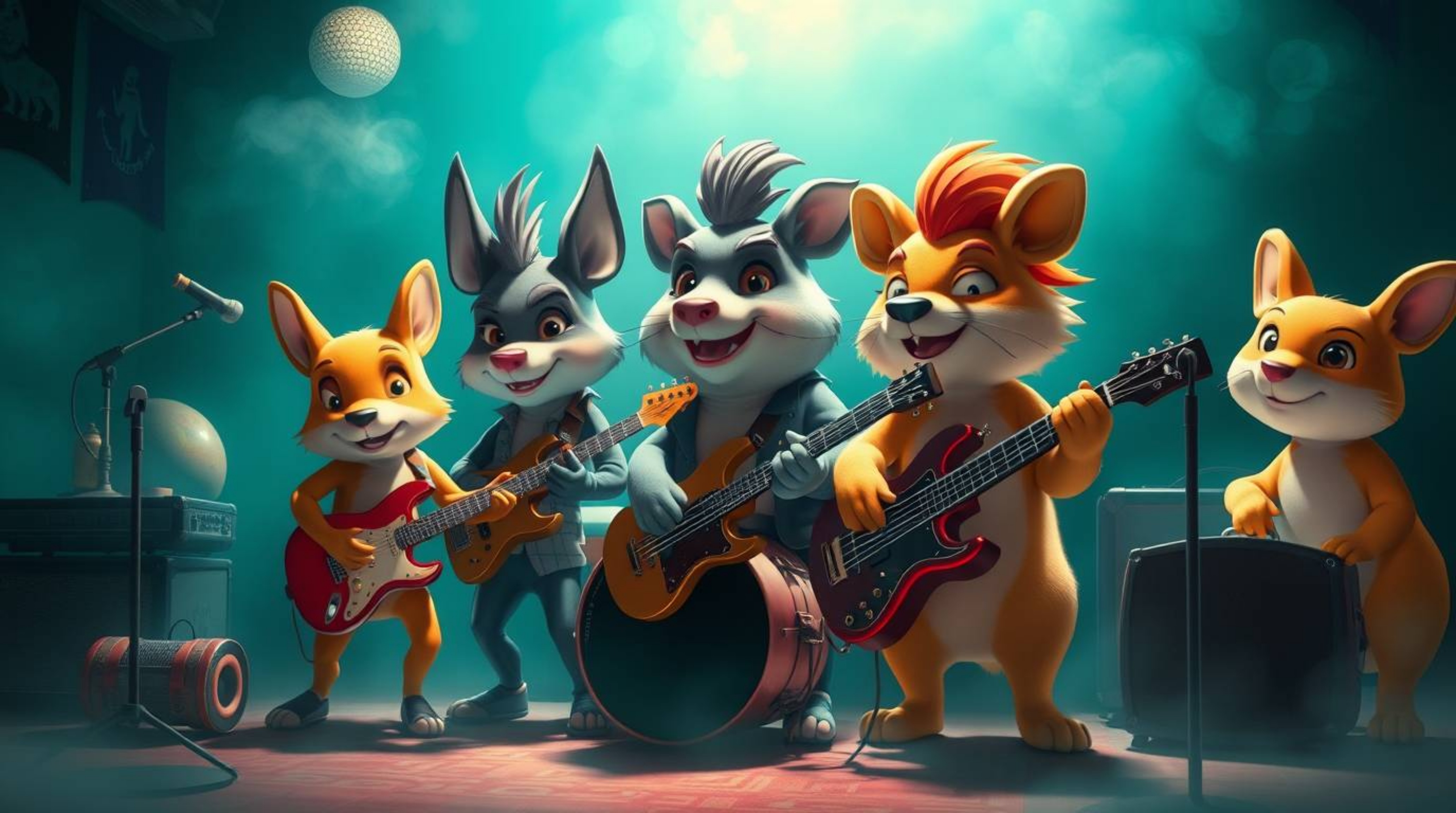 Immerse yourself in a luxurious and vibrant world with this depiction of a cartoon band of animals rocking out to music. The 