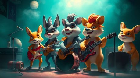 Immerse yourself in a luxurious and vibrant world with this depiction of a cartoon band of animals rocking out to music. The 
