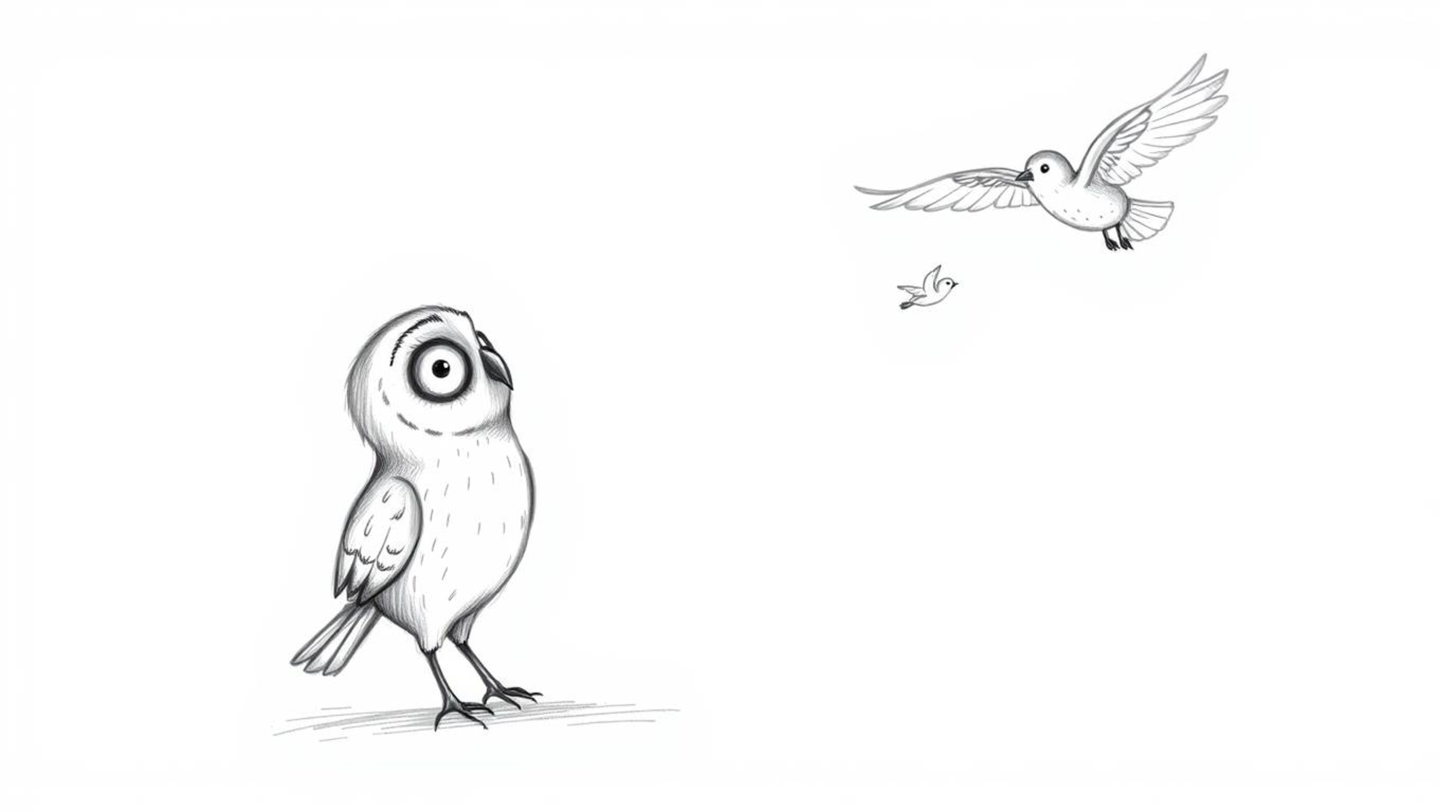 A whimsical hand-drawn sketch in the style of Pixar depicts a blind owl patiently teaching birds to fly. The rough pencil st