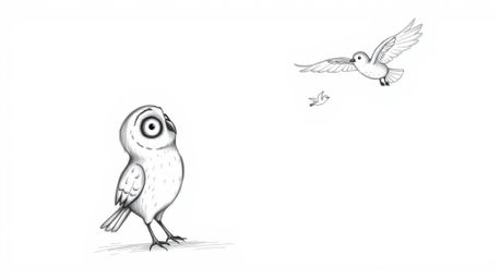 A whimsical hand-drawn sketch in the style of Pixar depicts a blind owl patiently teaching birds to fly.  The rough pencil st