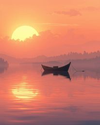 This is a soft, dreamy Isekai anime style illustration of a boat adrift on a tranquil lake at sunset. The artwork is characte