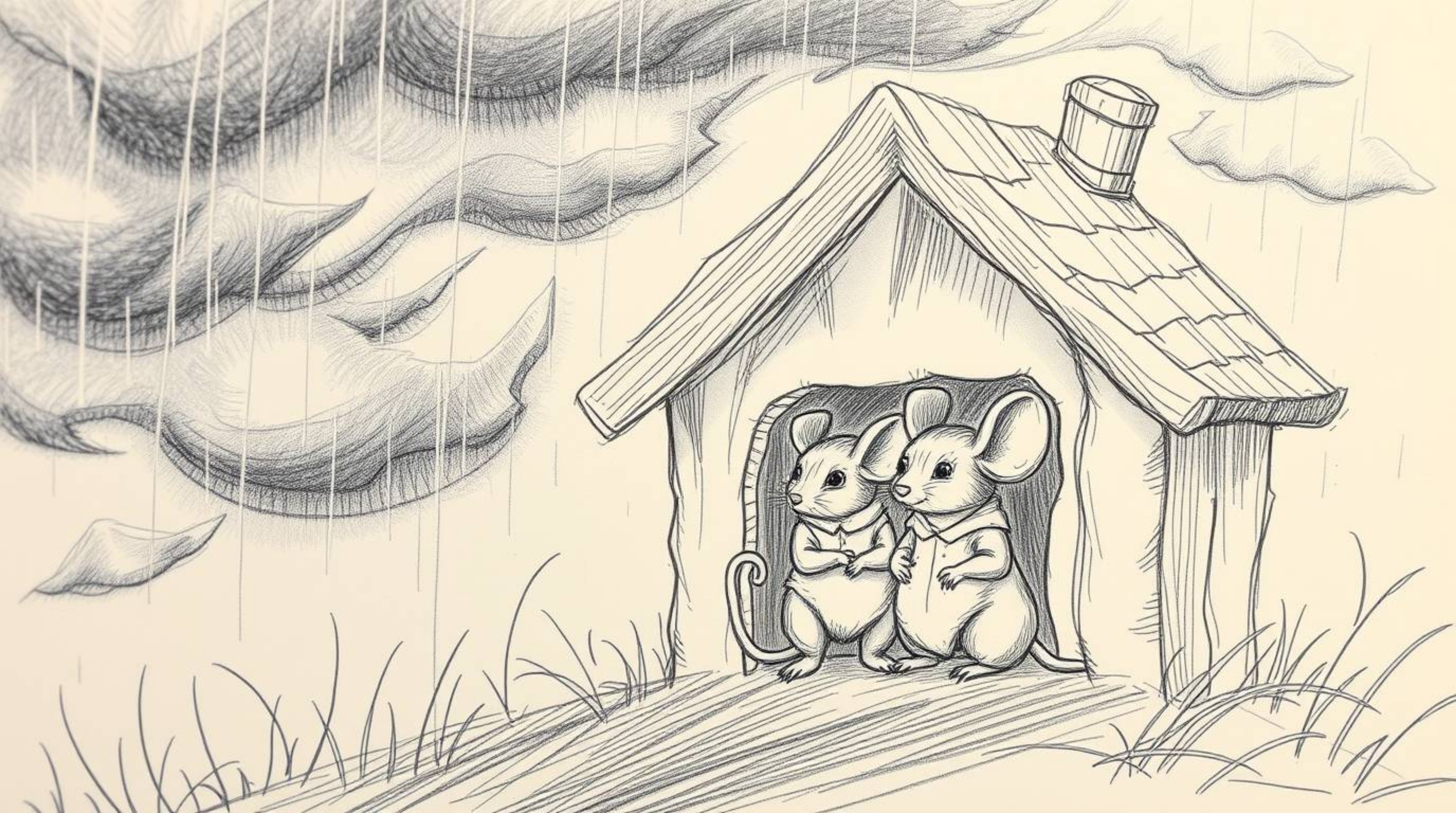 A captivating hand-drawn sketch depicts anthropomorphic mice enjoying a tea party inside a cozy cottage.  The scene is set ag