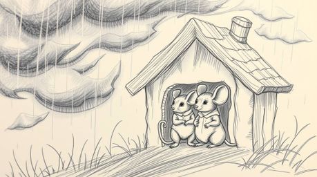 A captivating hand-drawn sketch depicts anthropomorphic mice enjoying a tea party inside a cozy cottage.  The scene is set ag