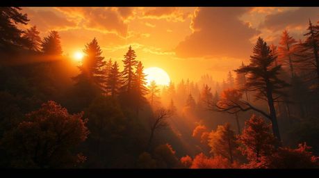 A breathtaking digital painting showcases a grand autumn forest bathed in the radiant golden light of a spectacular sunset.  
