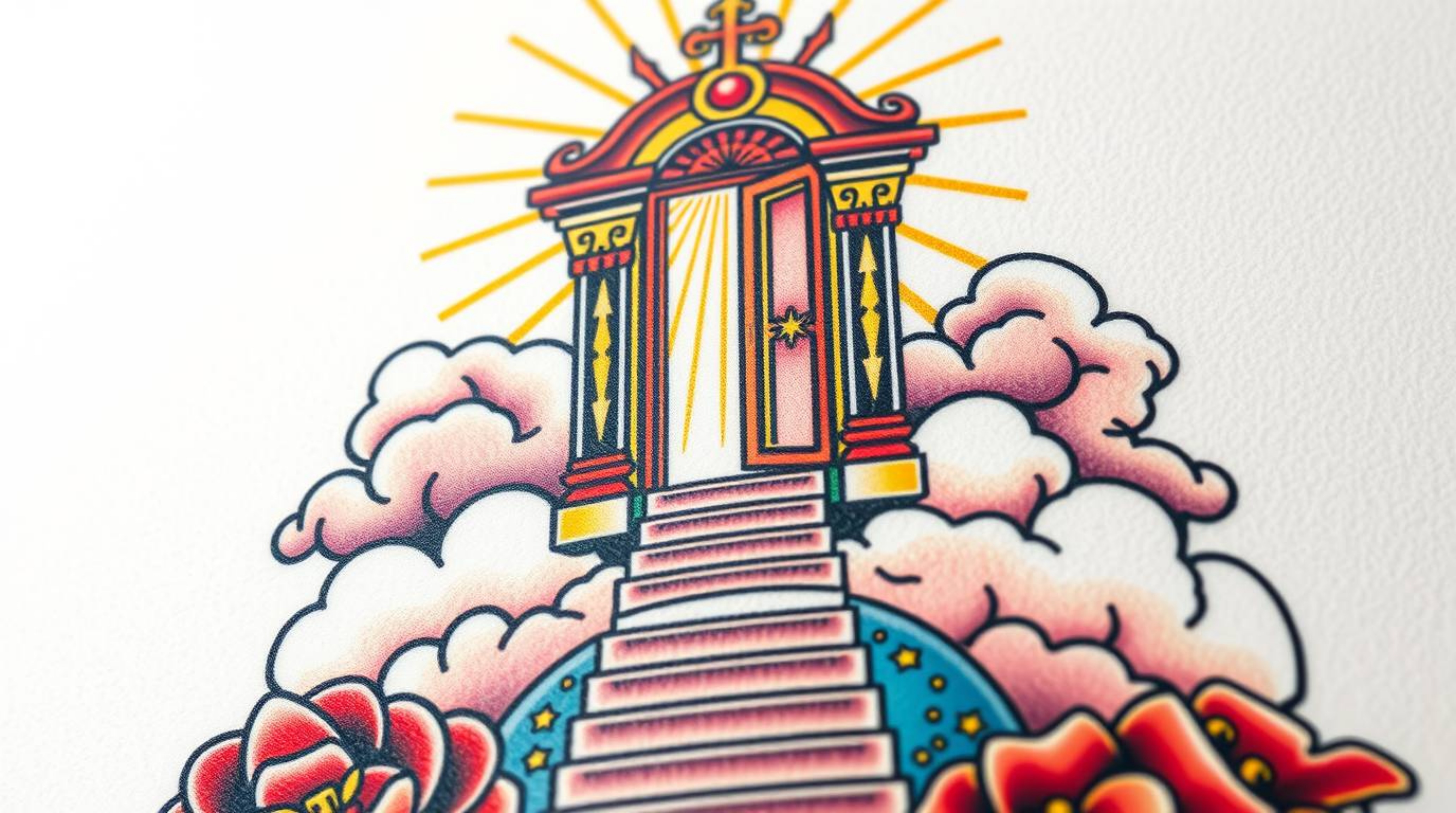 An extreme close-up macro shot reveals a vibrant fantasy realism tattoo depicting a heavenly gate above clouds, with stairs a