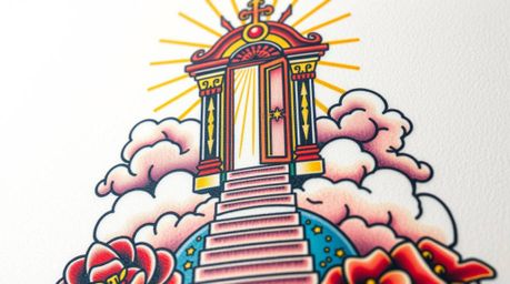 An extreme close-up macro shot reveals a vibrant fantasy realism tattoo depicting a heavenly gate above clouds, with stairs a