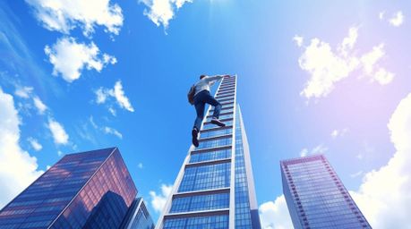 A vibrant digital painting depicts a businessperson ascending a transparent ladder into a bright blue sky above towering skys