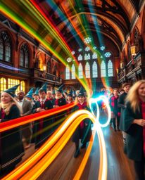 Experience the magic! This captivating long exposure photograph showcases a vibrant magical school brimming with young wizard