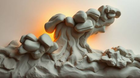 Discover stunning sculptural clay artwork depicting thunderstorm clouds dramatically illuminated by the warm hues of a sunset