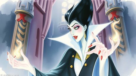 A captivating watercolor illustration depicting a classic Disney villain, elegant and pale, casting a spell within a majestic