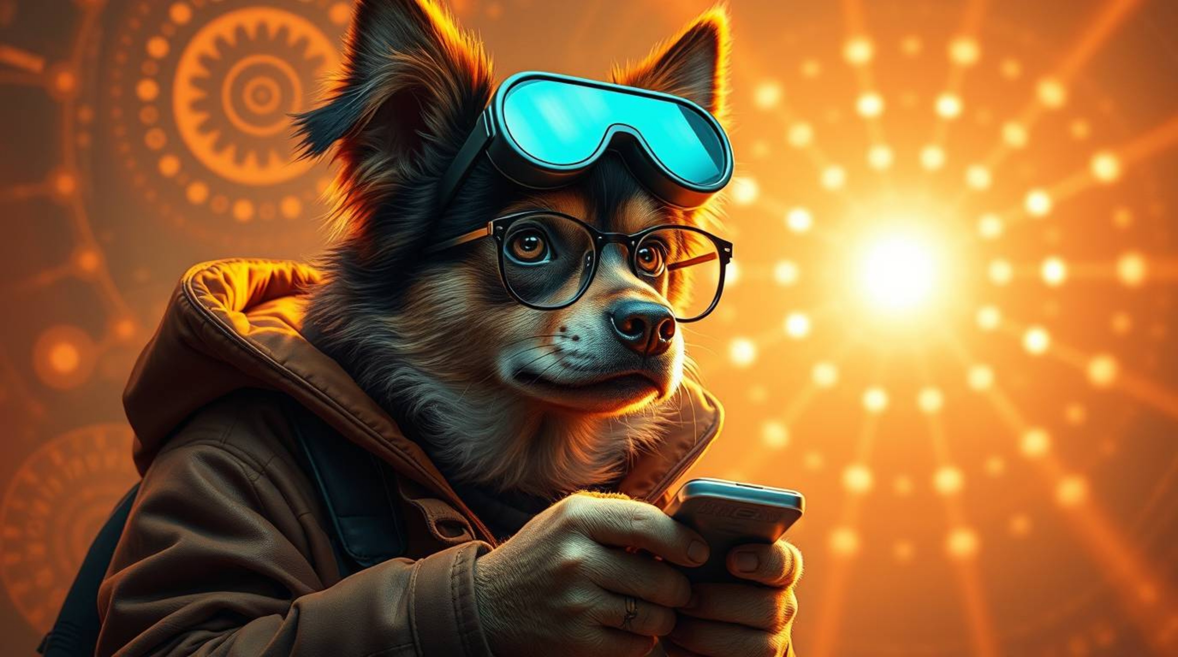 A captivating digital artwork showcases a dog detective utilizing advanced technology, illuminated by a warm golden glow.  Th