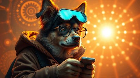 A captivating digital artwork showcases a dog detective utilizing advanced technology, illuminated by a warm golden glow.  Th