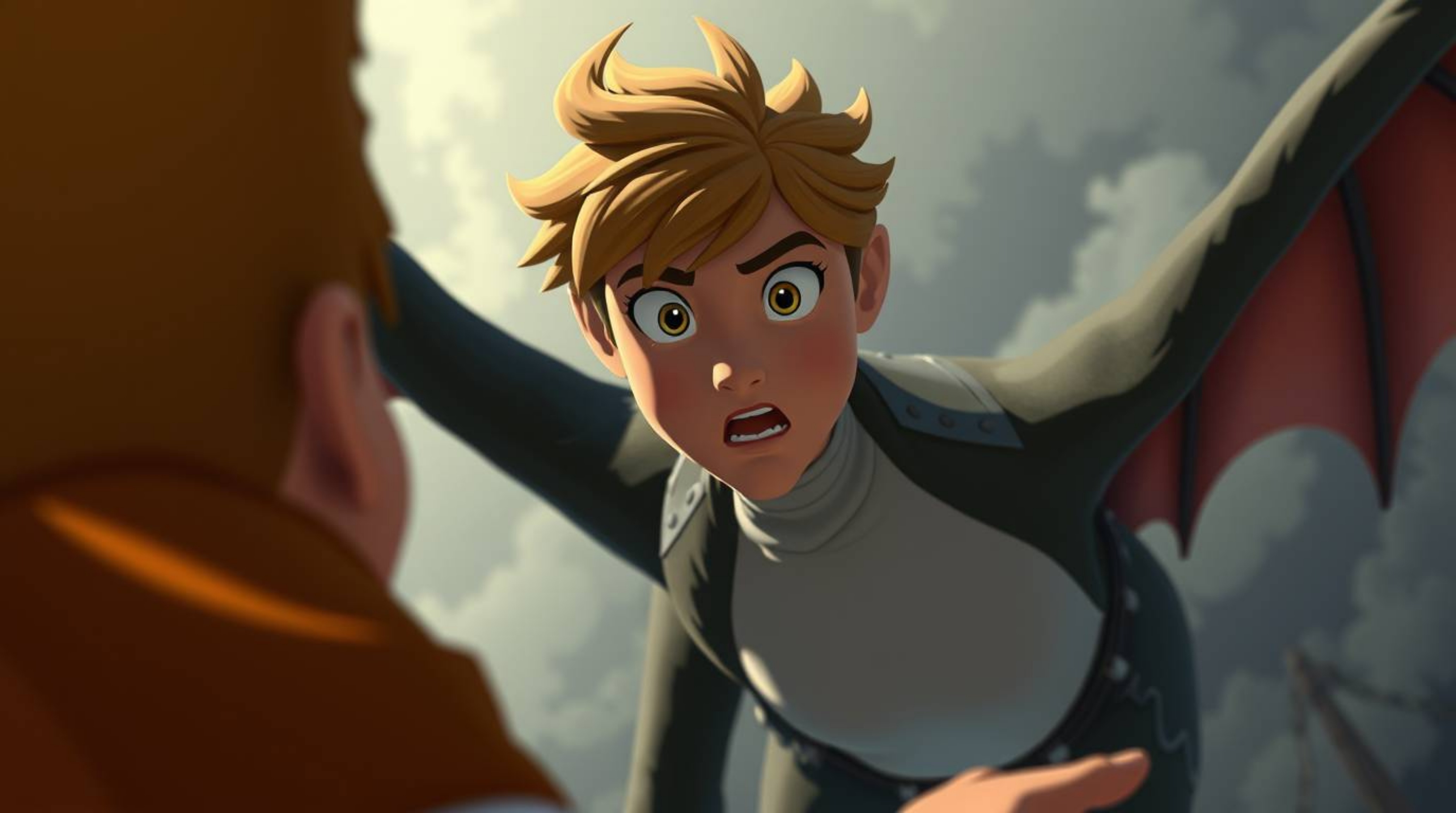 A captivating high-angle shot of a charming prince with light brown hair battling a fierce dragon, rendered in a charming 195