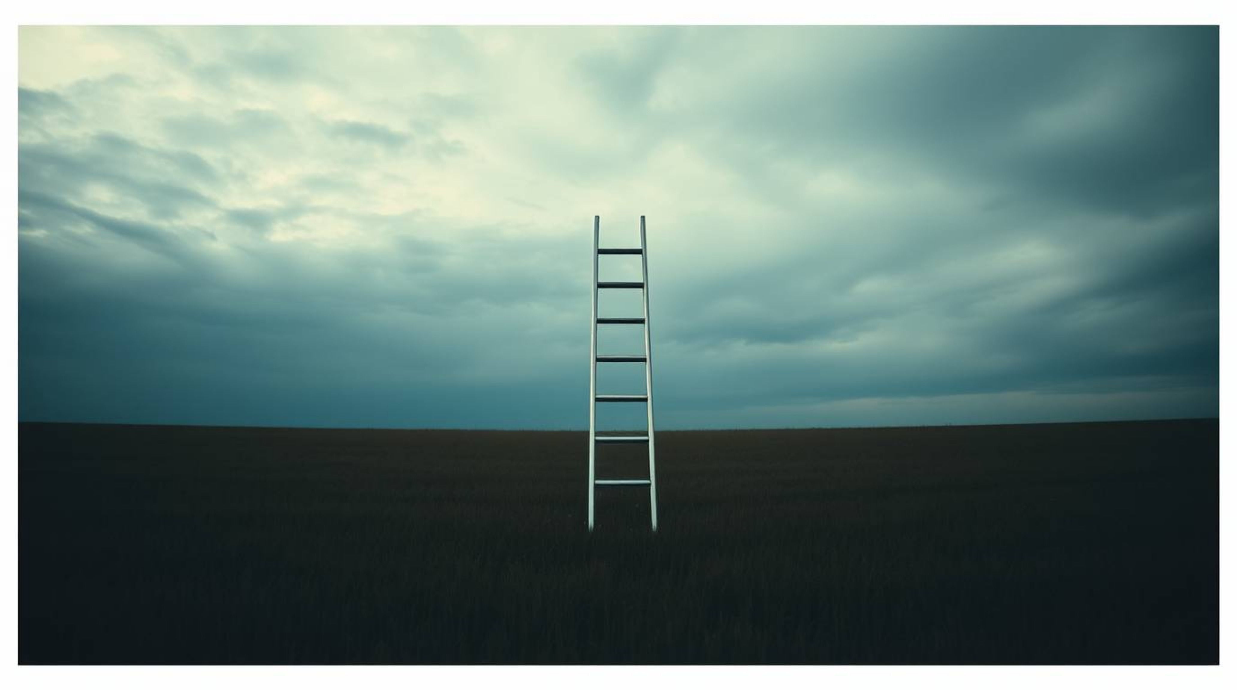 A captivating minimalist scene depicts a silver ladder standing alone in an open field under a dramatic, cloudy sky.  The ima