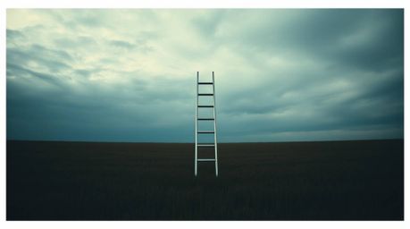 A captivating minimalist scene depicts a silver ladder standing alone in an open field under a dramatic, cloudy sky.  The ima