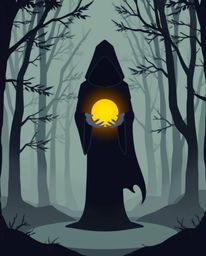 A modern, flat design image featuring a cloaked figure standing in a misty forest and holding a glowing orb. The scene is dra
