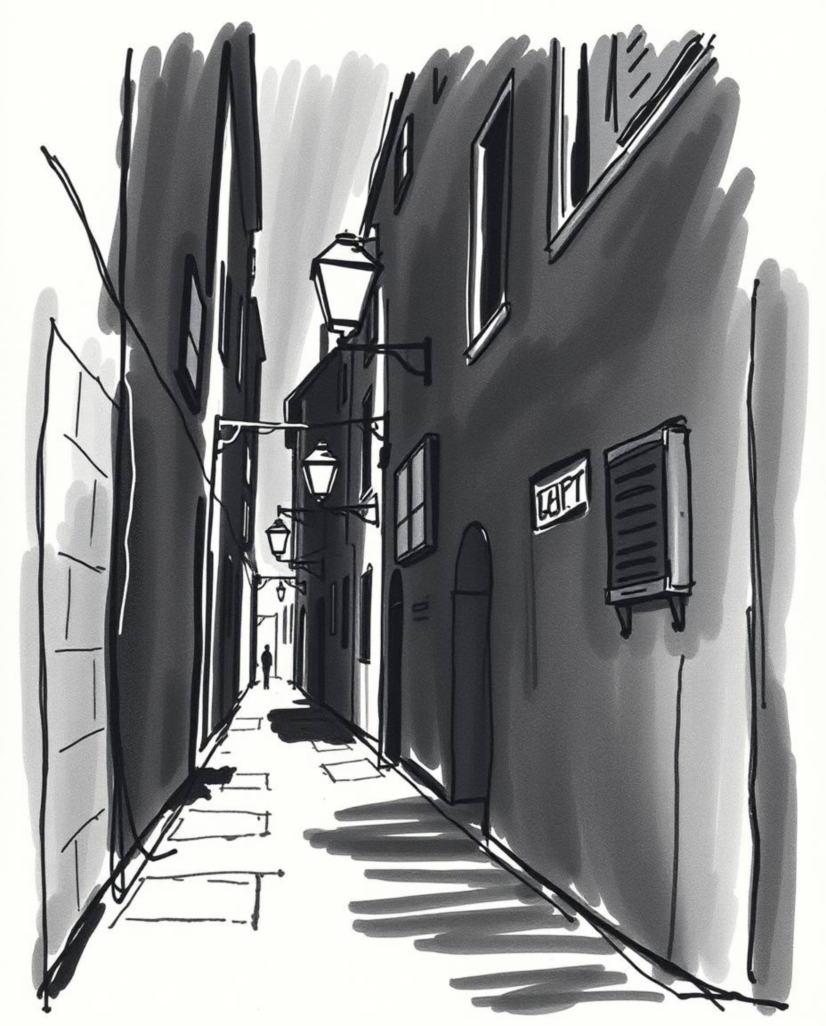 Explore the captivating mystery of hand-drawn, classic black and white sketch featuring eyes peering from a shadowy alley at 