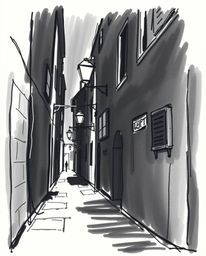 Explore the captivating mystery of hand-drawn, classic black and white sketch featuring eyes peering from a shadowy alley at 