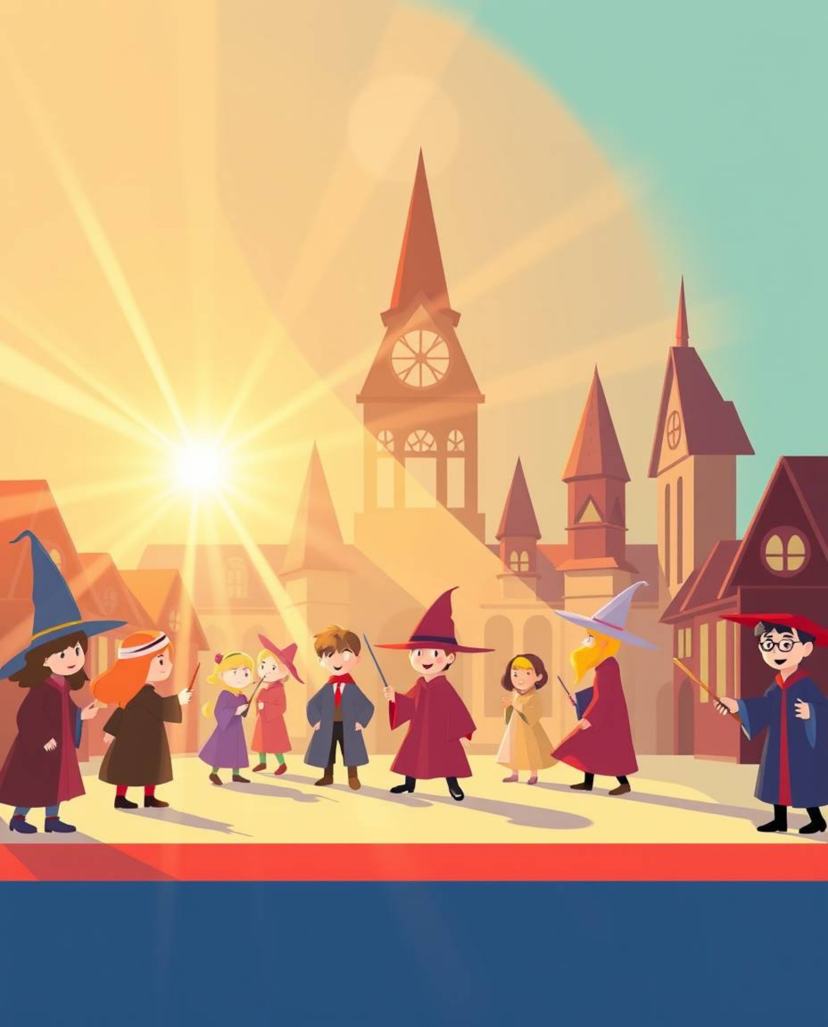 Explore a magical school brimming with young wizards, rendered in a bright and modern flat design. The scene is filled with v