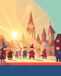 Explore a magical school brimming with young wizards, rendered in a bright and modern flat design. The scene is filled with v