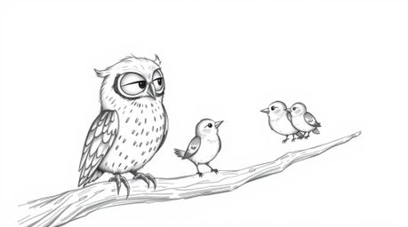 A charming, hand-drawn Pixar-style depiction of a blind owl patiently teaching small birds the fundamentals of flight.  The o