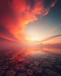 A warm, ethereal, and spiritual vibe permeates this depiction of a colorful sky over a coral reef at low tide. The scene is b