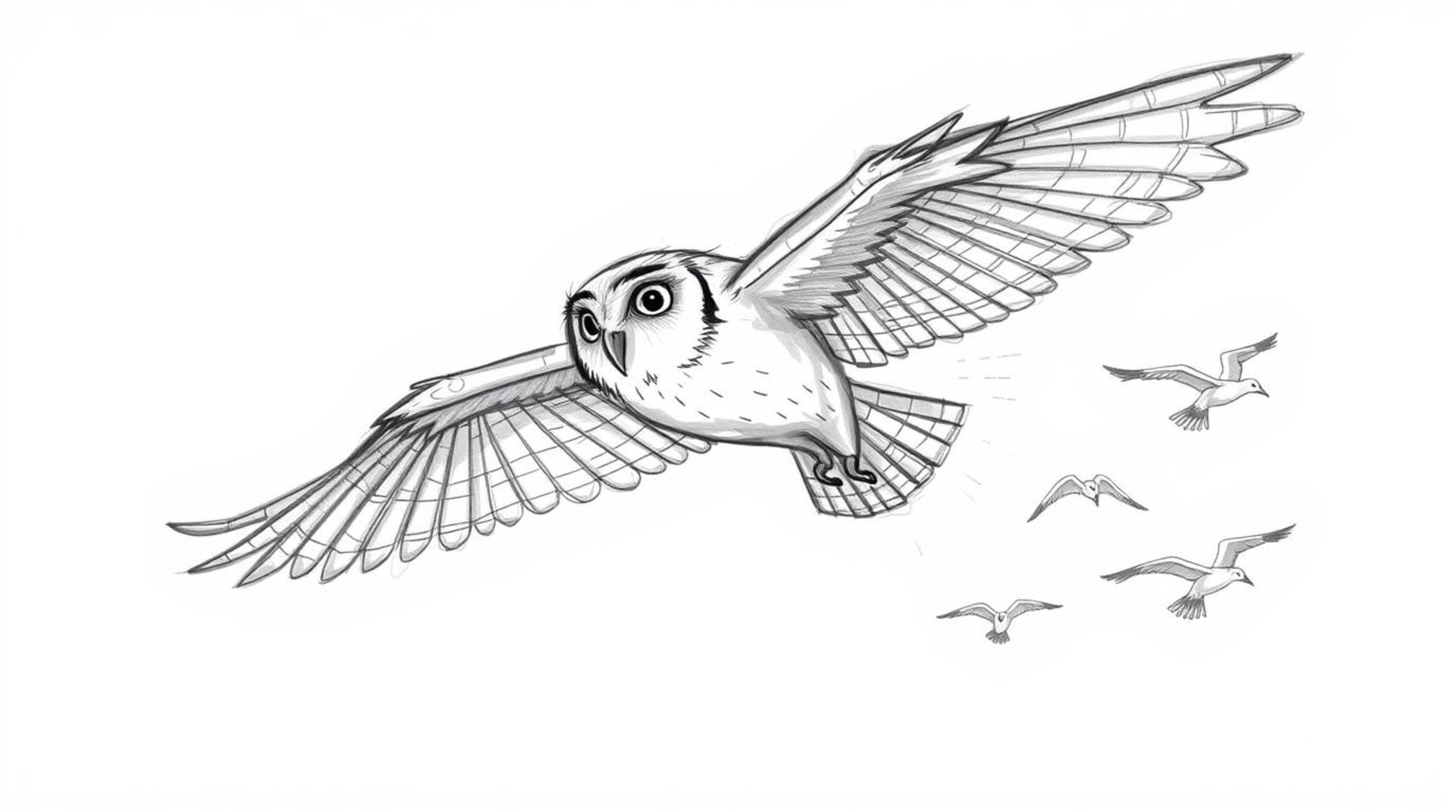 A charming hand-drawn sketch in the style of Pixar depicts a blind owl in mid-flight, gracefully teaching a flock of birds.  