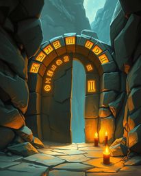 This stunning digital painting depicts an ancient stone doorway, embedded within a majestic mountainside, radiating with the 