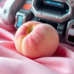 A captivating close-up showcasing a soft, blushing pink peach resting on silky pastel pink fabric.  Subtle integrations of ad