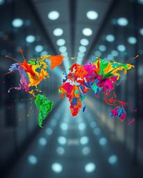 Capture the world in a vibrant and unique way with this architectural color photograph showcasing a world map formed by brigh
