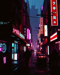 A captivating pixelated glitch art image depicting a cyberpunk street scene.  The artwork features dramatic chiaroscuro light