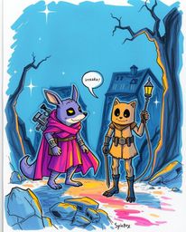 This captivating hand-drawn sketchnote, rendered in electric vivid colors juxtaposed with dark tones, portrays a hero embarki