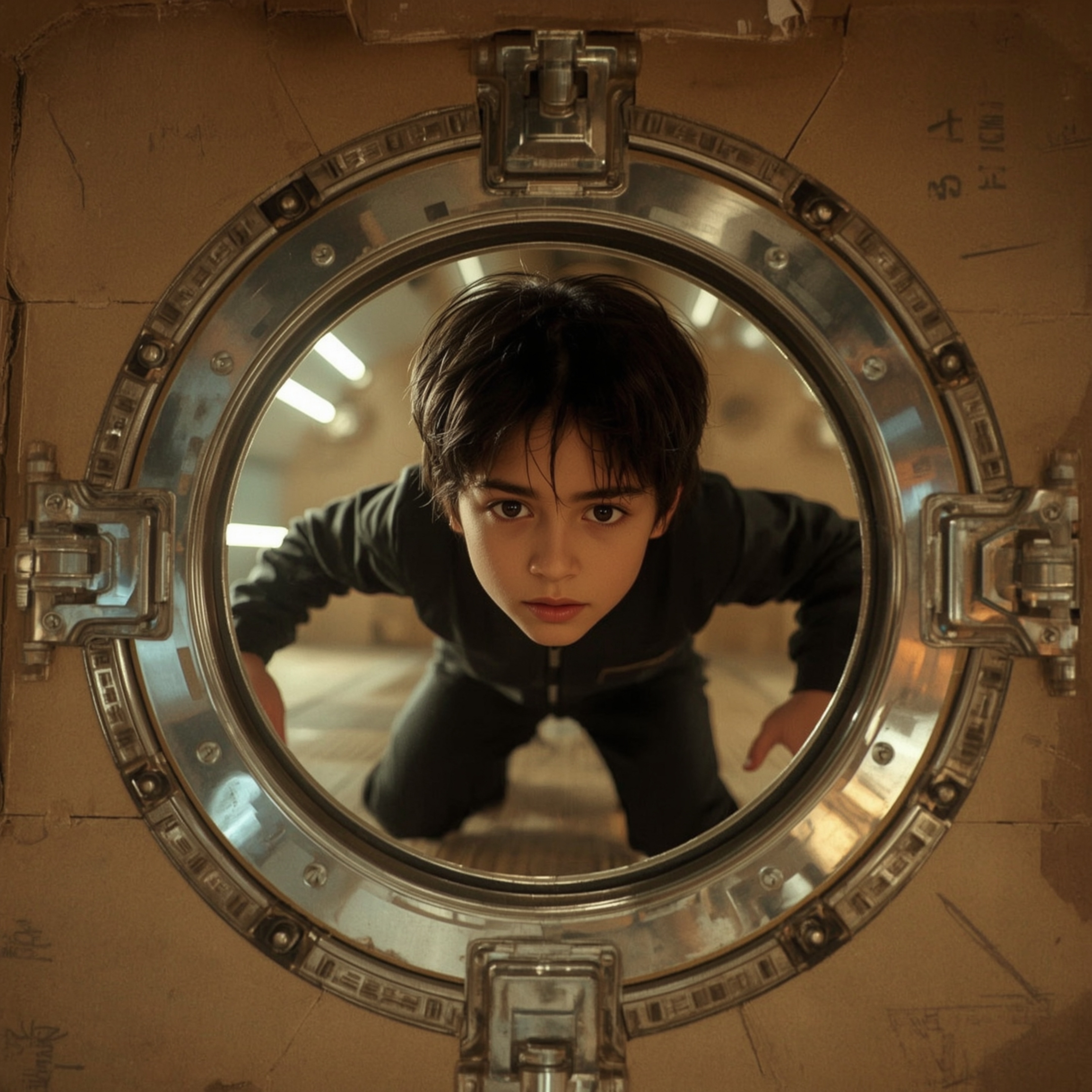 Exquisite high-fashion photography captures a boy with mesmerizing brown eyes crawling through a meticulously detailed cardbo