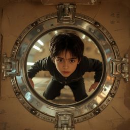 Exquisite high-fashion photography captures a boy with mesmerizing brown eyes crawling through a meticulously detailed cardbo