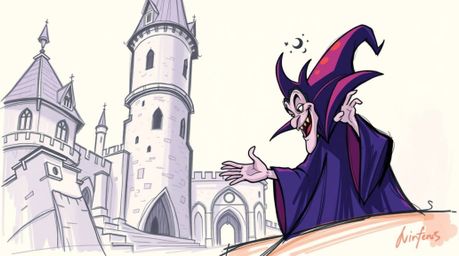 A captivating hand-drawn sketchnote depicts a classic Disney villain casting a spell within a detailed old castle. The illus