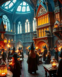 Step into a magical school brimming with radiant young wizards, a place where luxurious ambiance meets a warm golden glow.  E