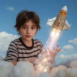 A visually stunning high-fashion photograph captures a young boy with bright blue eyes and messy brown hair, excitedly launch