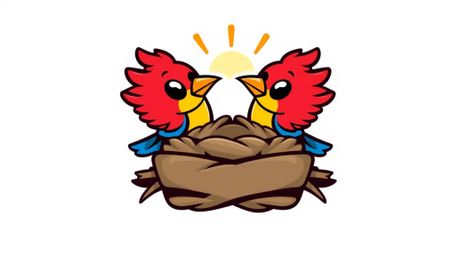 A bright and vibrant logo featuring two cartoon birds building a nest, designed in a classic animation style. The design inc