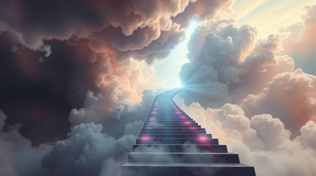 A mesmerizing journey into the unknown is depicted through a winding stairway crafted from smoke and light, ascending into a 