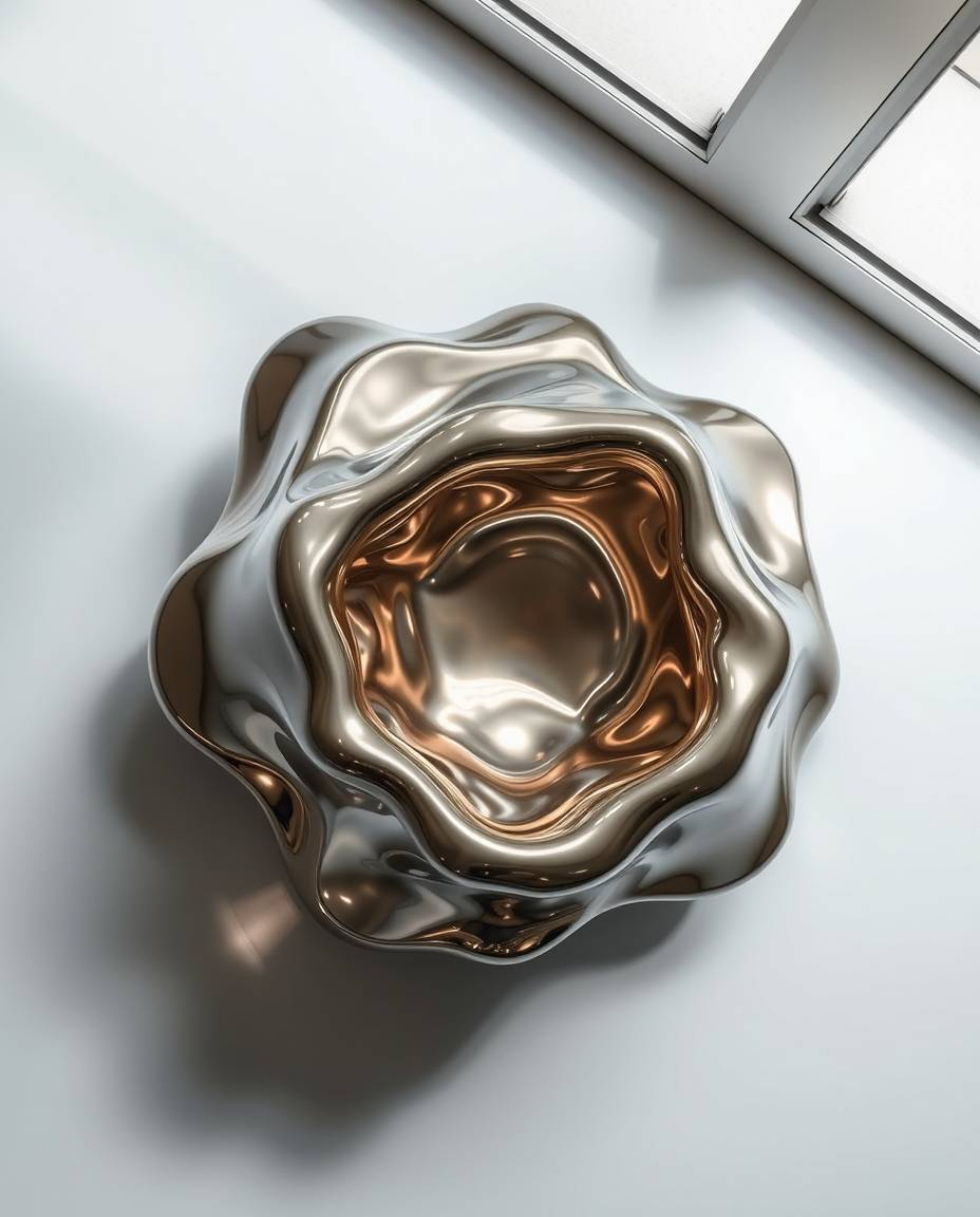 Overhead bird's-eye view of sculptural 3D fluid shapes crafted from mercury, showcasing a highly reflective surface under pro