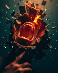 Witness a person's desperate scream as their world disintegrates into vibrant, deep teal pixels, capturing a luxurious and ca