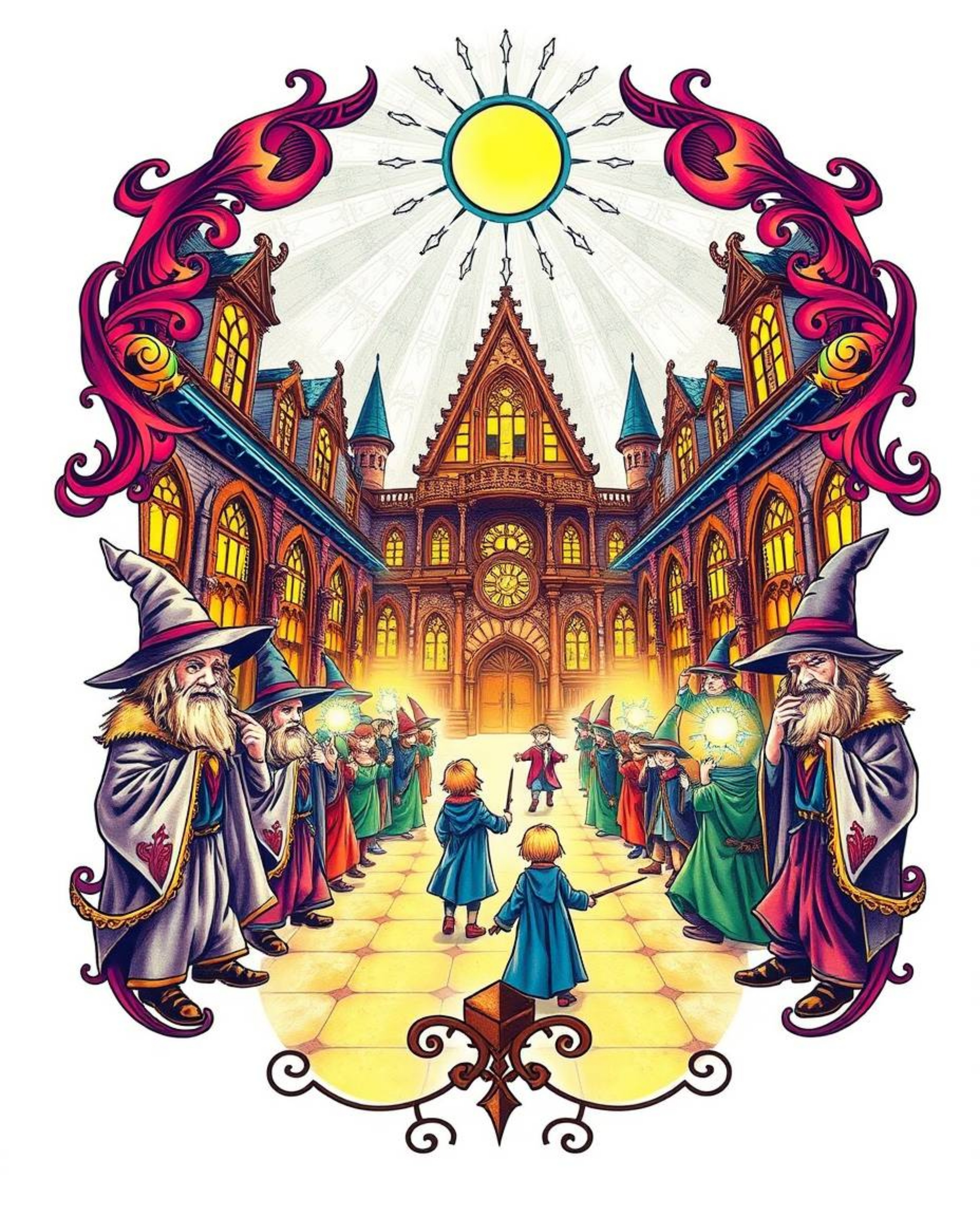 This symbolic traditional tattoo art print showcases a magical school brimming with young wizards, rendered in radiant and lu