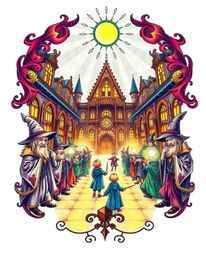 This symbolic traditional tattoo art print showcases a magical school brimming with young wizards, rendered in radiant and lu