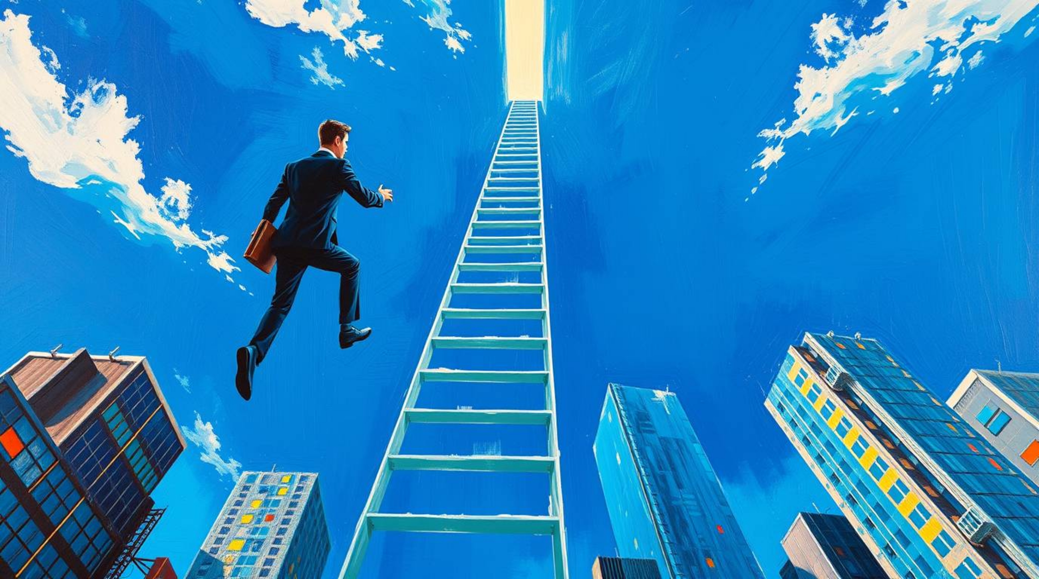 A vibrant, bold acrylic painting depicts a businessperson ascending a transparent ladder disappearing into a blue sky above s